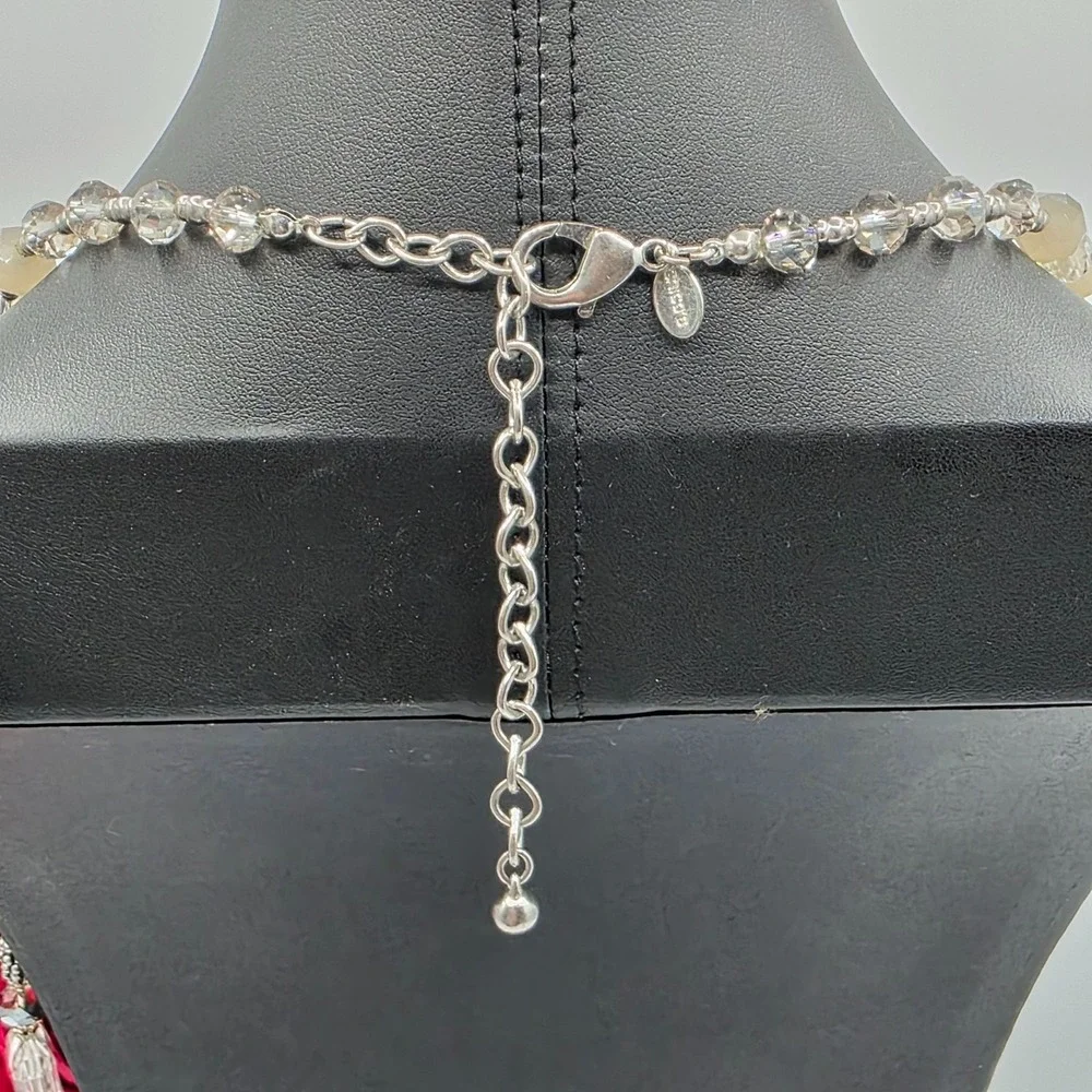 Chico's Beaded Statement Necklace Crystal Faceted‎ Gem Silver Tone Long Boho